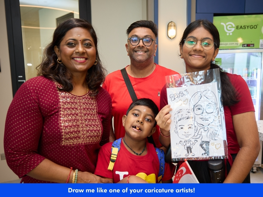 Family with caricature drawing
